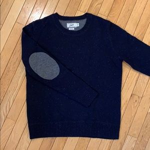 Blue flecked sweater with grey elbow patches